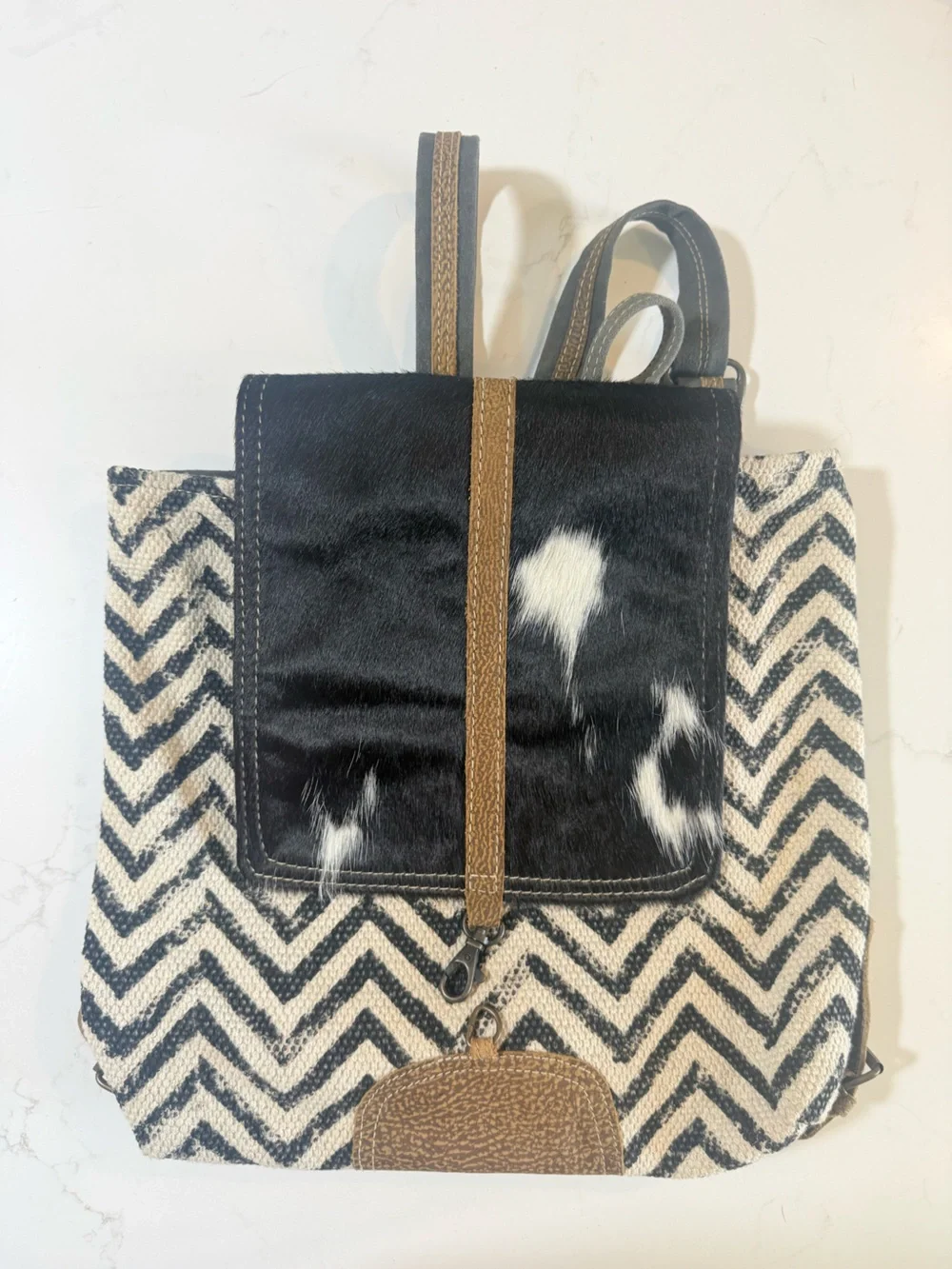 Myra Bag Black White Chevron Canvas Backpack with Brown Trim